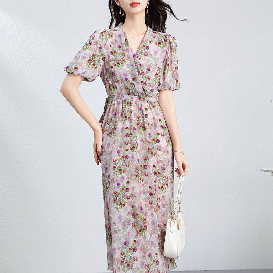 Womens Silk Floral Wrap Midi Dress Puff Sleeve Pleated Waist Silk Dress