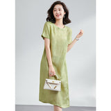 Womens Silk Jacquard Midi Dress Belted Waist Short Sleeve Green Silk Dress Green XS