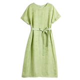 Womens Silk Jacquard Midi Dress Belted Waist Short Sleeve Green Silk Dress Green XS
