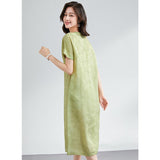 Womens Silk Jacquard Midi Dress Belted Waist Short Sleeve Green Silk Dress Green XS