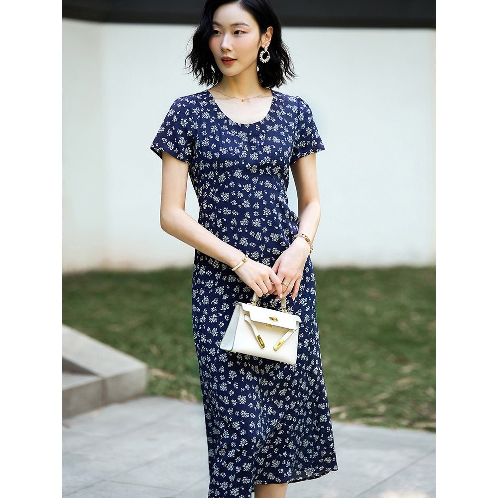 Womens Silk Maxi Dress Cap Sleeve Ditsy Floral Print Silk Dresses