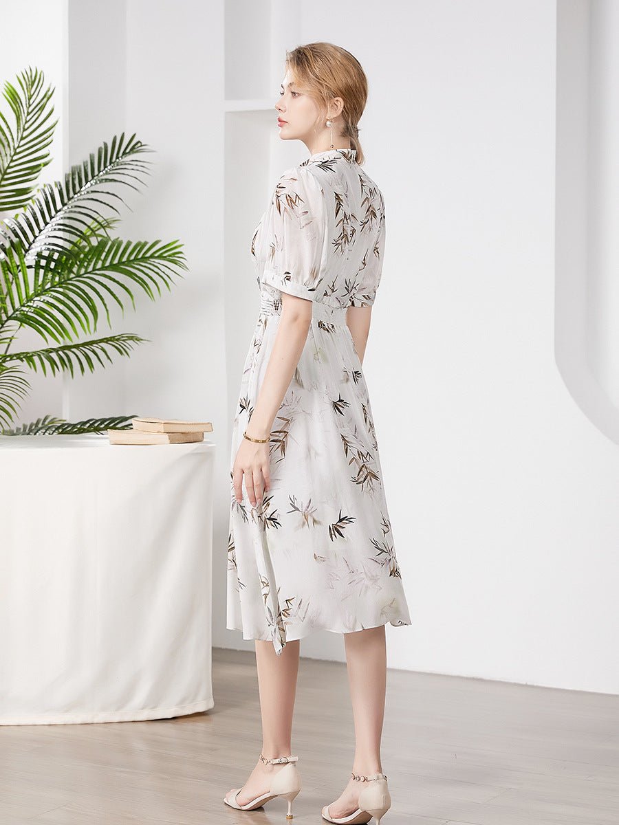 Womens Silk Midi Dress Belted Waist Bamboo Leaf Printed Silk Dresses
