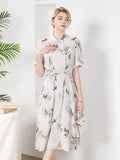 Womens Silk Midi Dress Belted Waist Bamboo Leaf Printed Silk Dresses