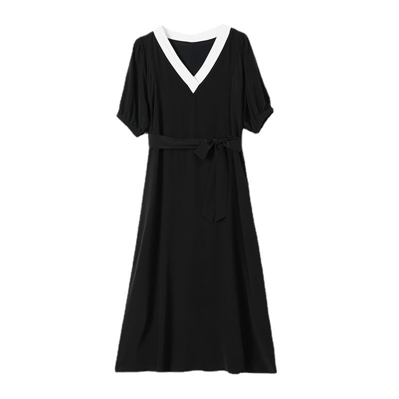 Womens Silk Midi Dress Contrast V - Neck Waist Tie Black Silk Dress
