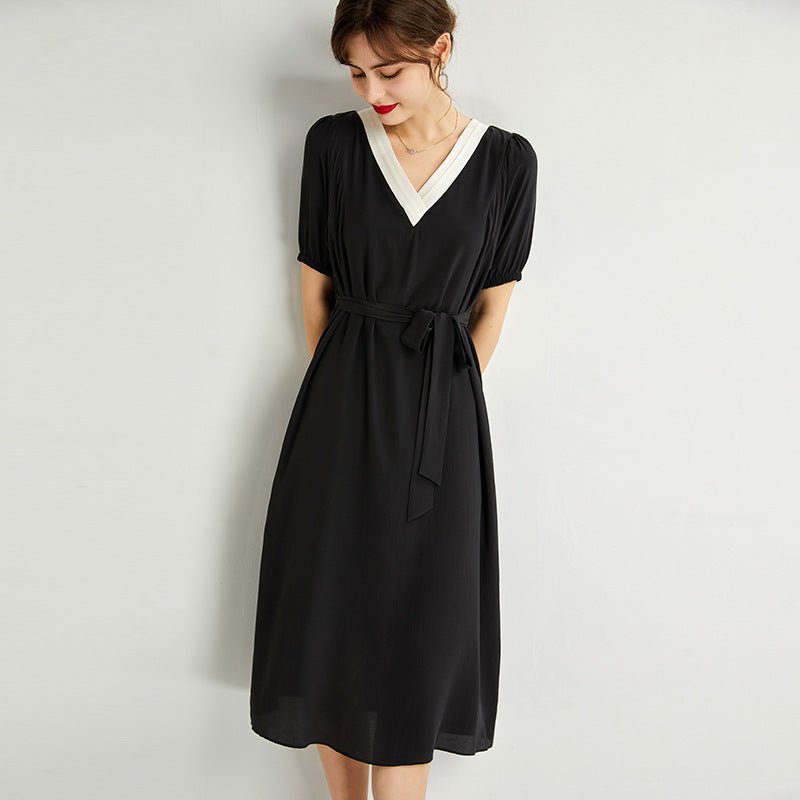 Womens Silk Midi Dress Contrast V - Neck Waist Tie Black Silk Dress