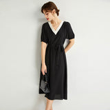Womens Silk Midi Dress Contrast V - Neck Waist Tie Black Silk Dress