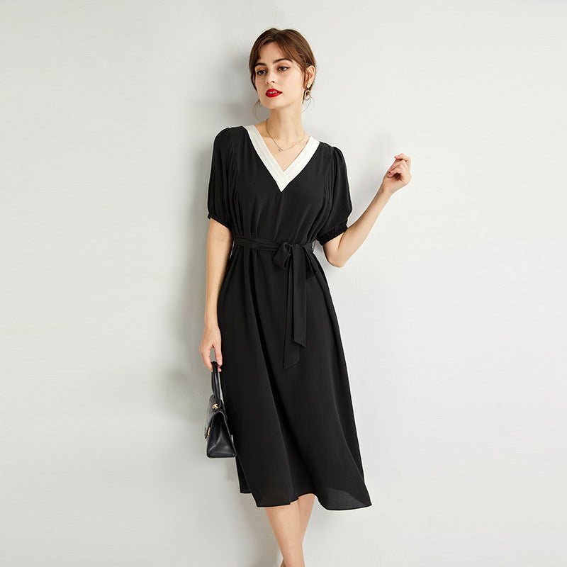Womens Silk Midi Dress Contrast V - Neck Waist Tie Black Silk Dress