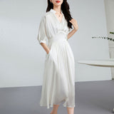 Womens Silk Midi Dress Draped V - Neck Cinched Waist Long Silk Dress
