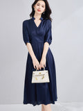 Womens Silk Midi Dress Draped V - Neck Cinched Waist Long Silk Dress Navy Blue XS
