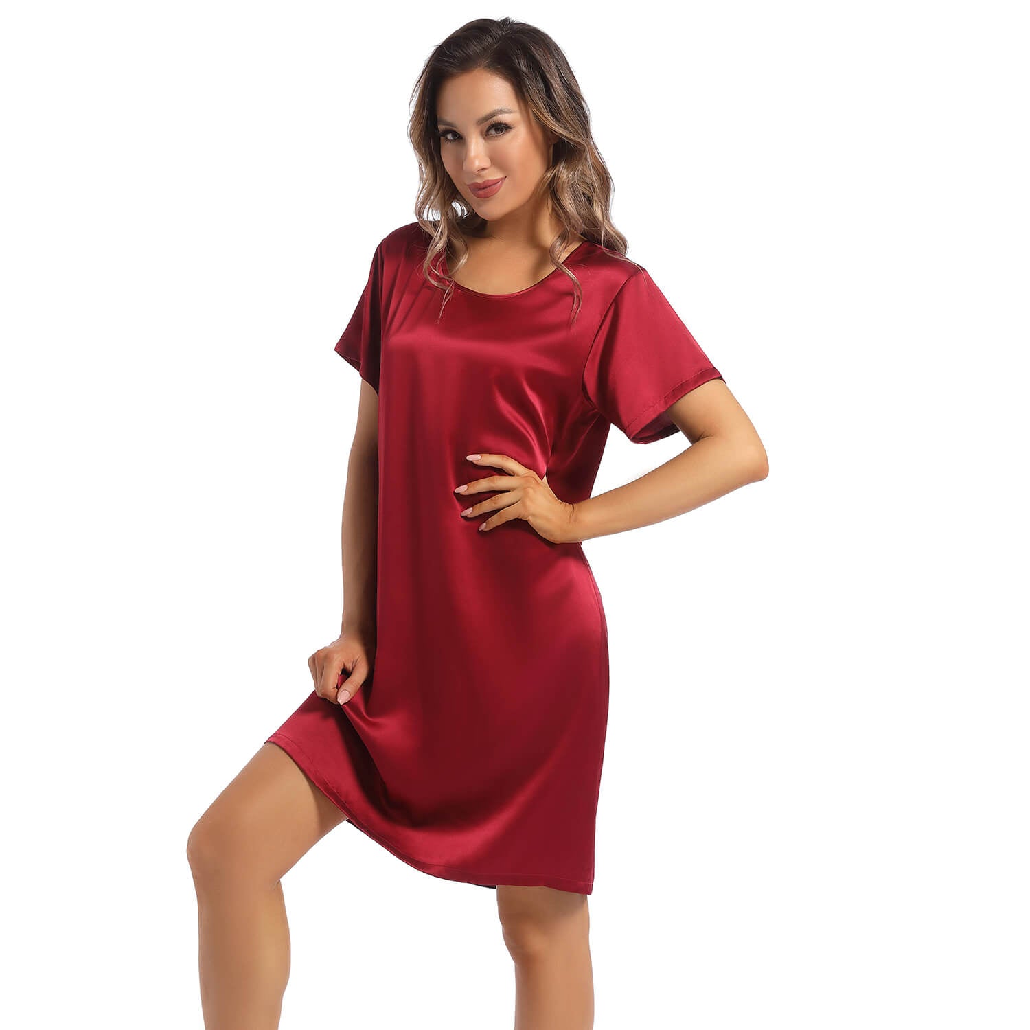 Women's Silk Nightgown Short Sleeve Round Neck Silk Nightdress