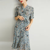 Womens Silk Wrap Midi Dress Fan Motif Ruffled Hem Blue Silk Dress Blue XS