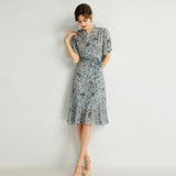 Womens Silk Wrap Midi Dress Fan Motif Ruffled Hem Blue Silk Dress Blue XS