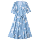 Womens Silk Wrap Mini Dress Puff Sleeve Floral Print Blue Silk Dress
