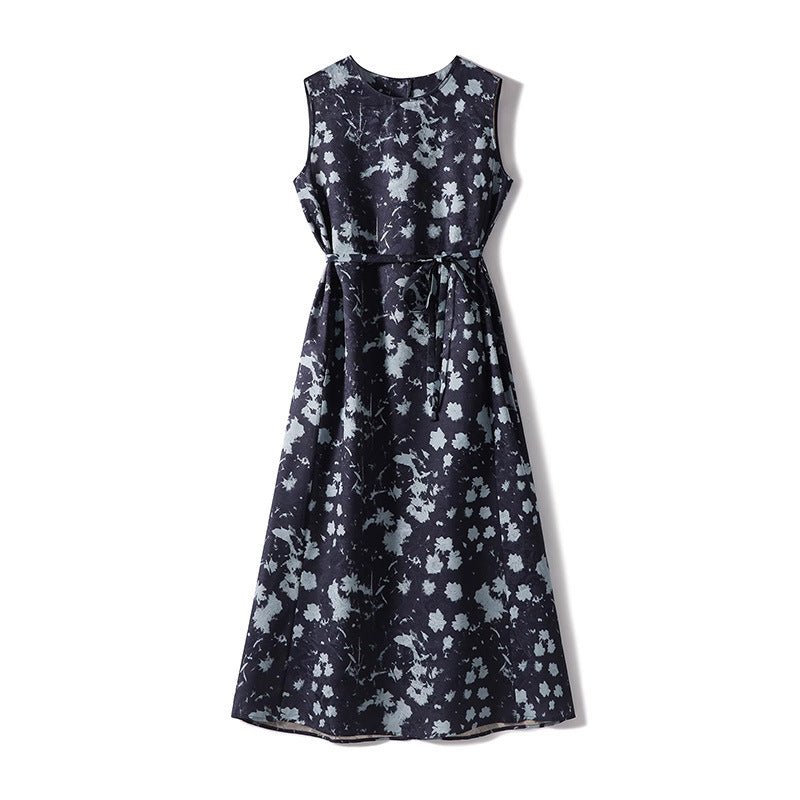 Womens Sleeveless Silk Midi Dress Abstract Floral Print Long Silk Dress Navy Blue XS