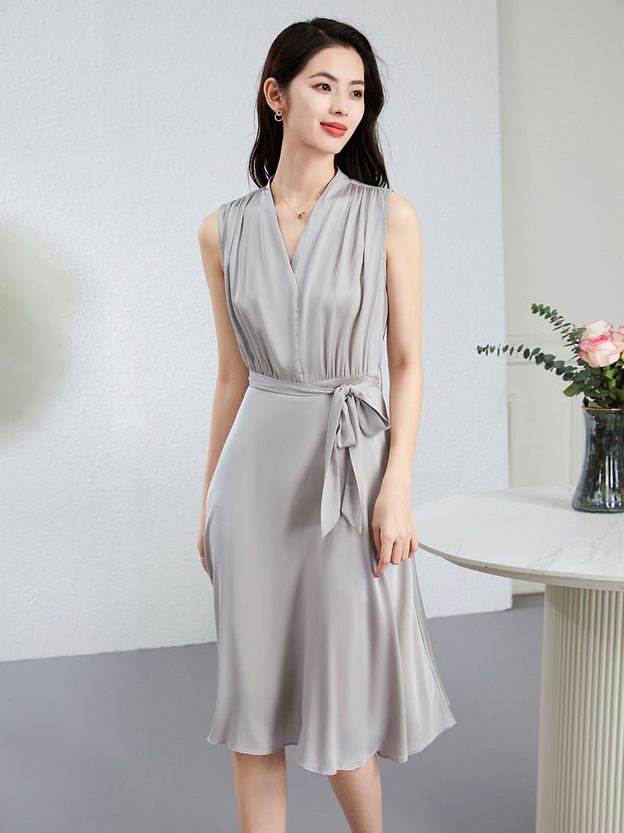Womens Sleeveless Silk Midi Dress V Neck Silk Wrap Dress with Waist Tie Gray XS