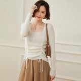 Womens Square Neck Cashmere Sweater Ruched Knit Cashmere Pullover Ivory XS