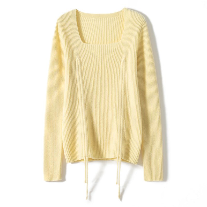 Womens Square Neck Cashmere Sweater Ruched Knit Cashmere Pullover Yellow XS