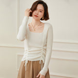 Womens Square Neck Cashmere Sweater Ruched Knit Cashmere Pullover Ivory XS