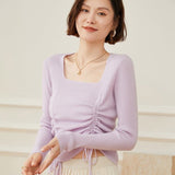 Womens Square Neck Cashmere Sweater Ruched Knit Cashmere Pullover Purple XS
