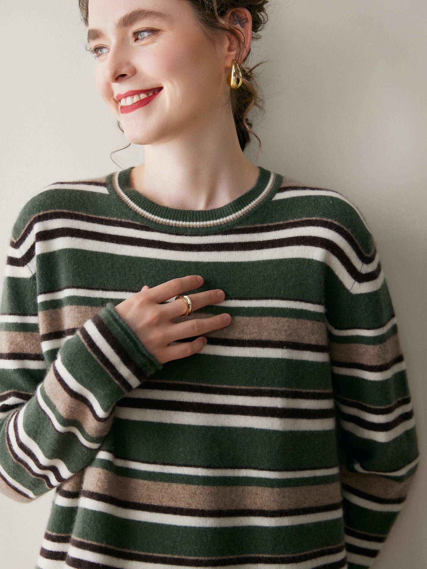 Womens Striped Cashmere Sweater Crew Neck Cashmere Pullover Green XS