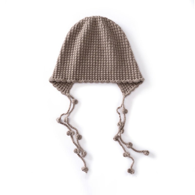 Womens Tassel Tie Cashmere Knit Hat Cashmere Beanie Dangling Ties