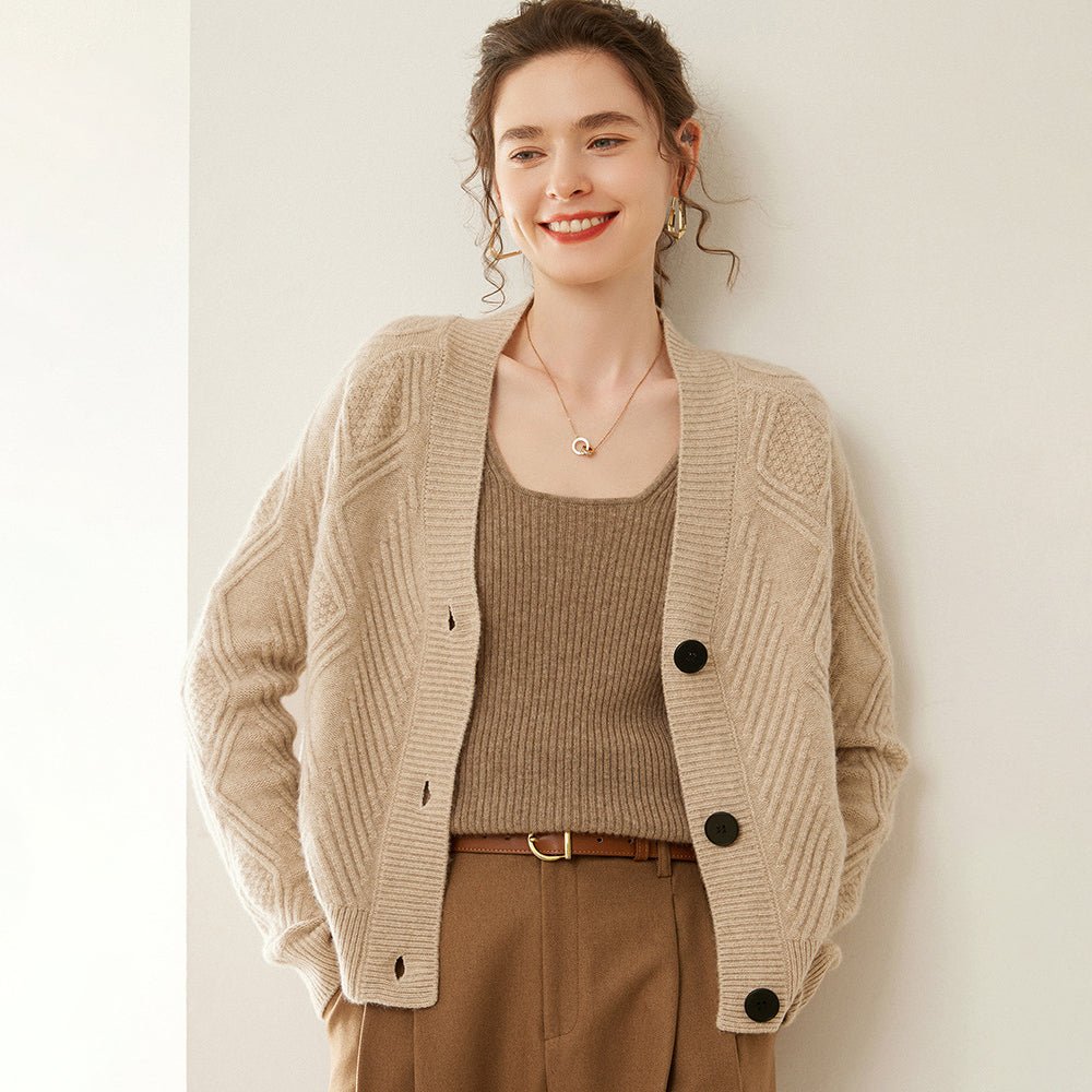 Womens Textured Cashmere Sweater V Neck Cashmere Button Cardigan Camel XS