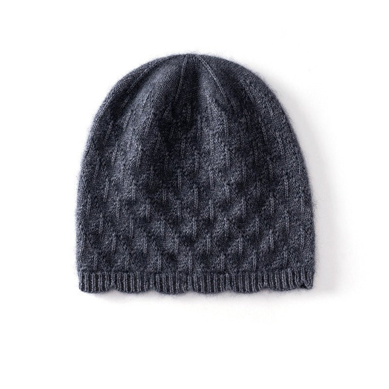 Womens Textured Knit Cashmere Beanie Patterned Pure Cashmere Cap Scalloped Edge