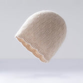 Womens Textured Knit Cashmere Beanie Patterned Pure Cashmere Cap Scalloped Edge