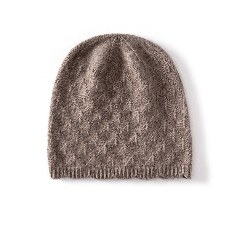 Womens Textured Knit Cashmere Beanie Patterned Pure Cashmere Cap Scalloped Edge