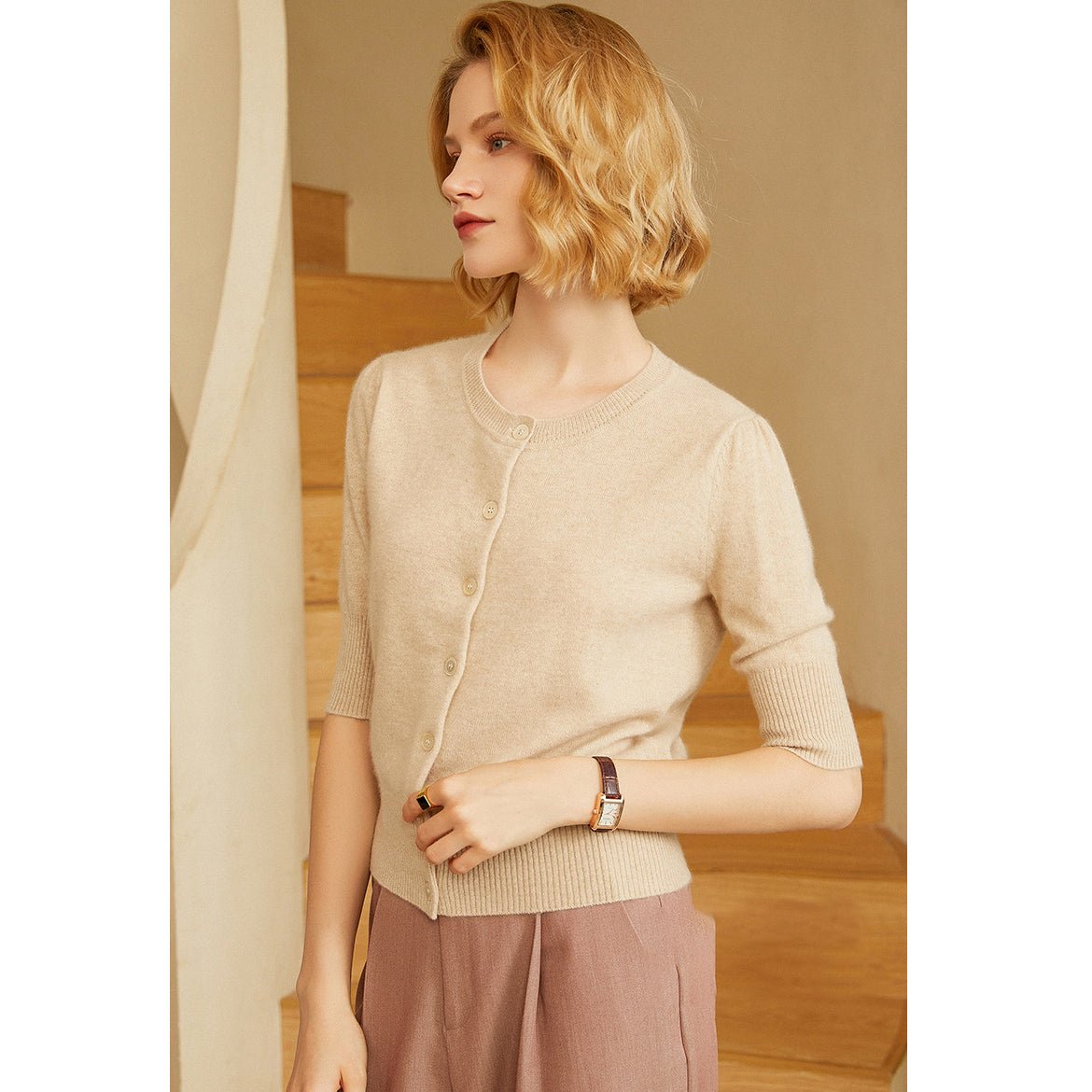 Womens Crew Neck Button - up Front Cashmere Cardigan With Half Sleeve