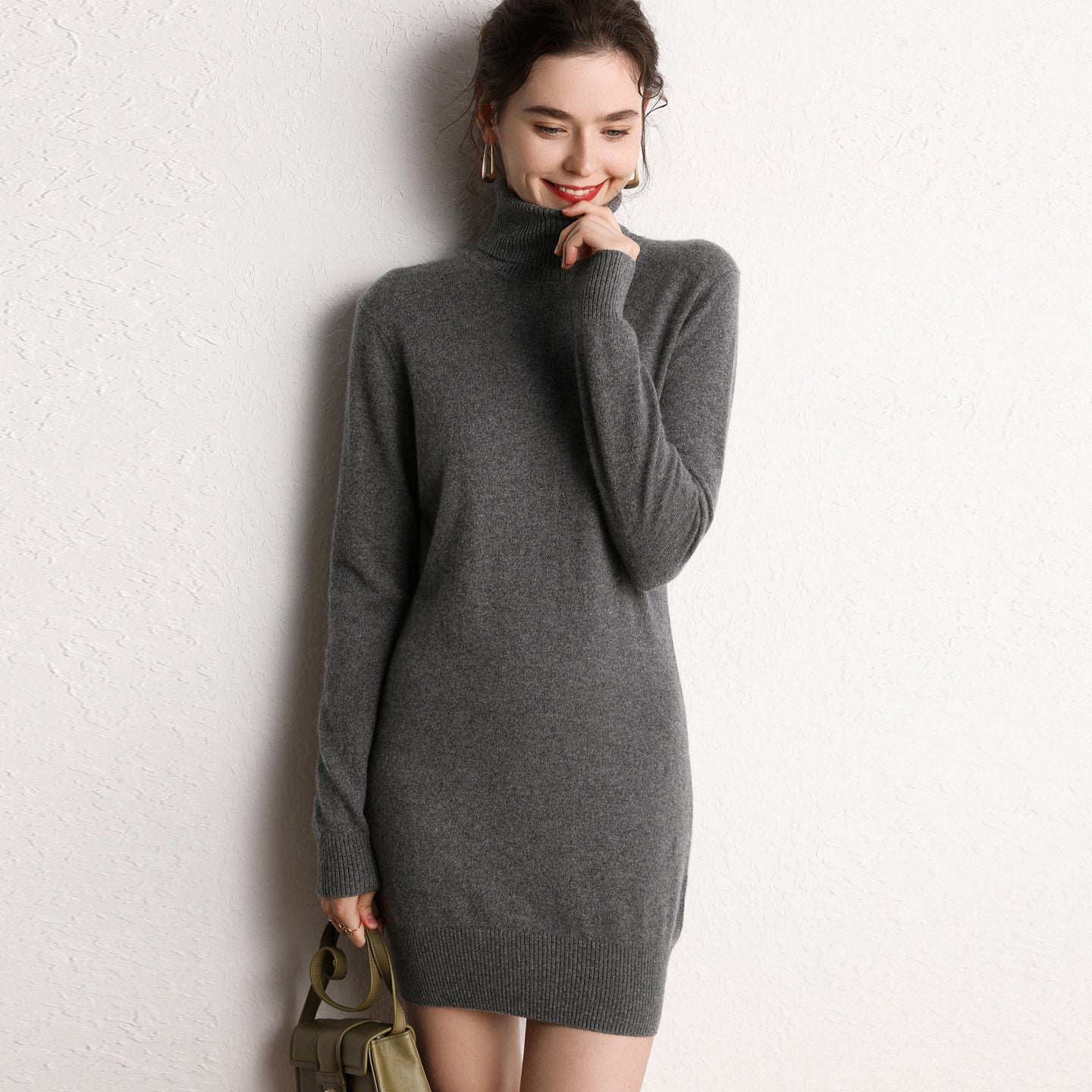 Womens Turtleneck Cashmere Dress Long Sleeve Knit Mini Sweater Dress Gray XS