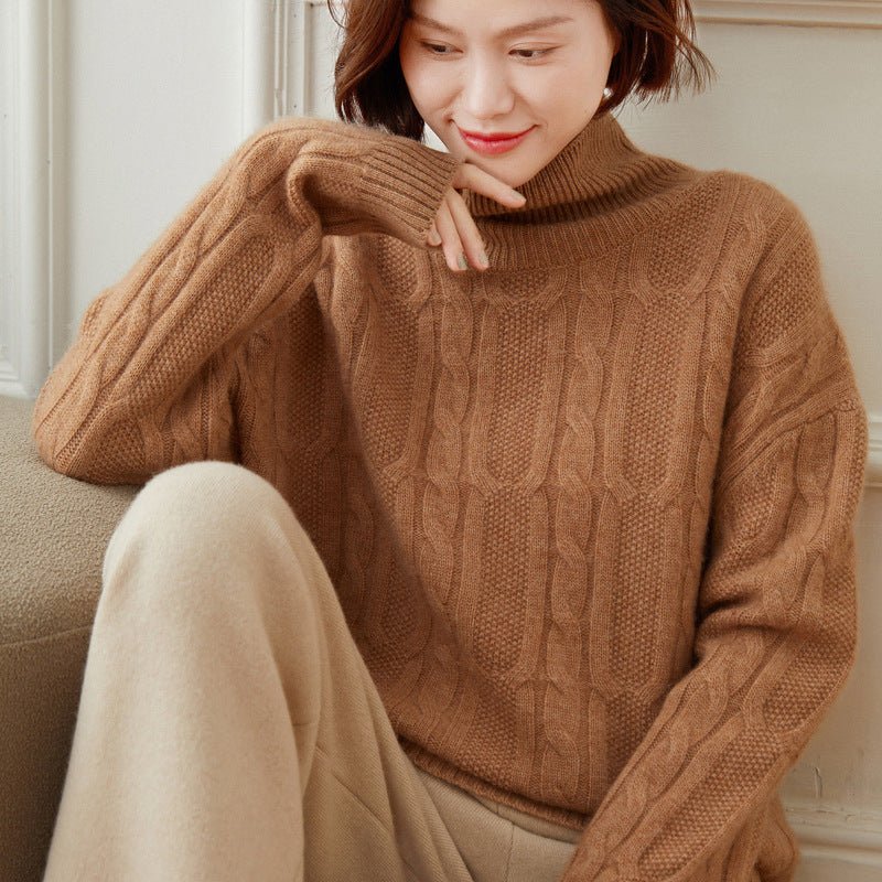 Womens Cable Knit Mock Neck Long Sleeve Cashmere Sweater