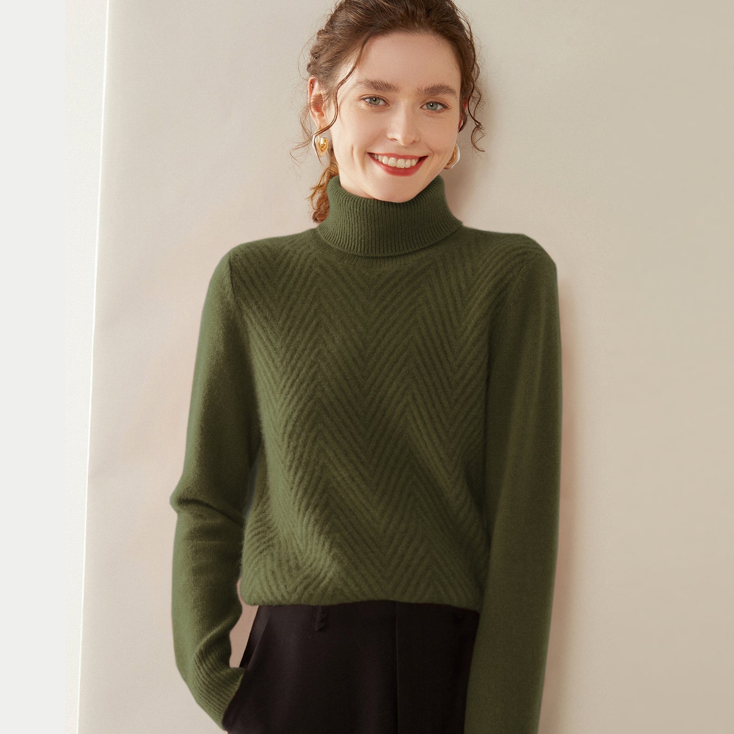 Womens Turtleneck Cashmere Sweater Chevron Knit Cashmere Pullover Olive Green XS