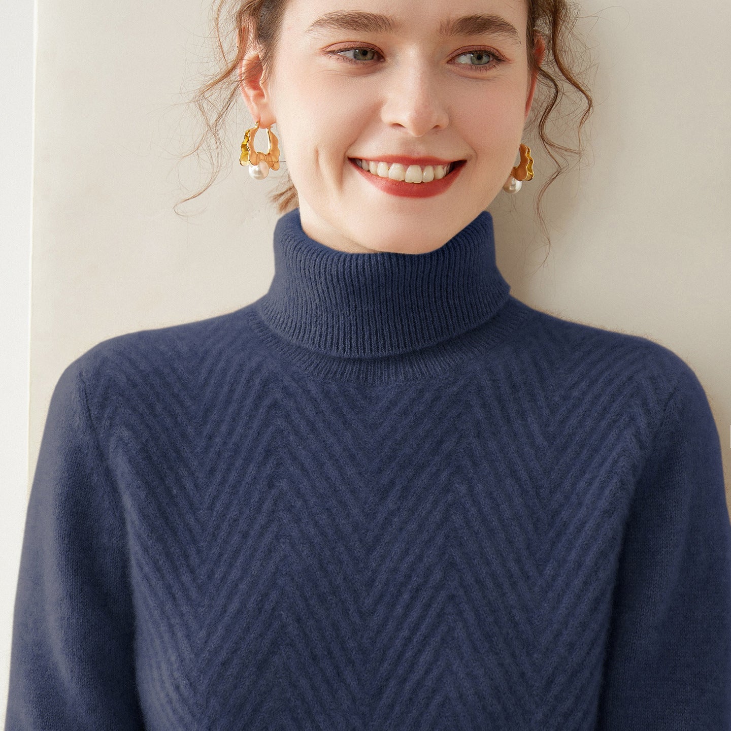 Womens Turtleneck Cashmere Sweater Chevron Knit Cashmere Pullover Navy Blue XS
