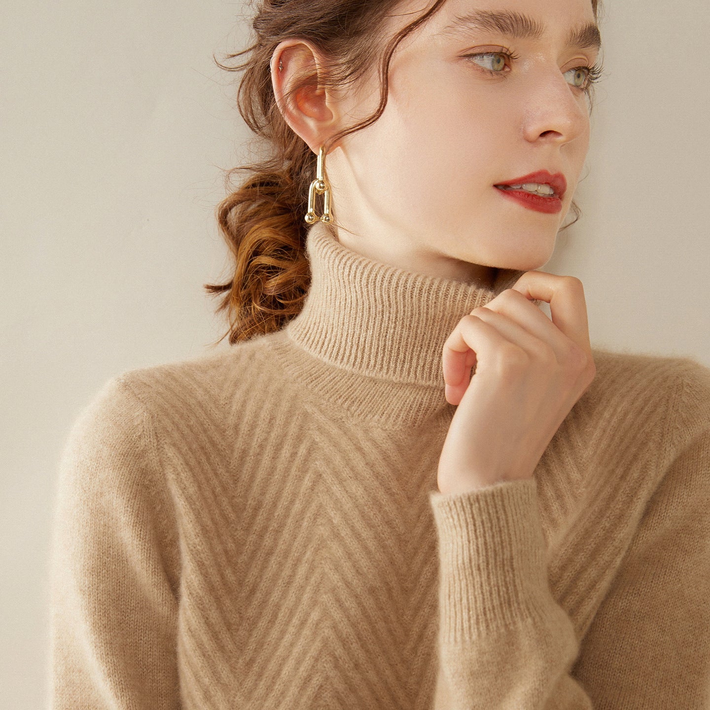 Womens Turtleneck Cashmere Sweater Chevron Knit Cashmere Pullover Camel XS