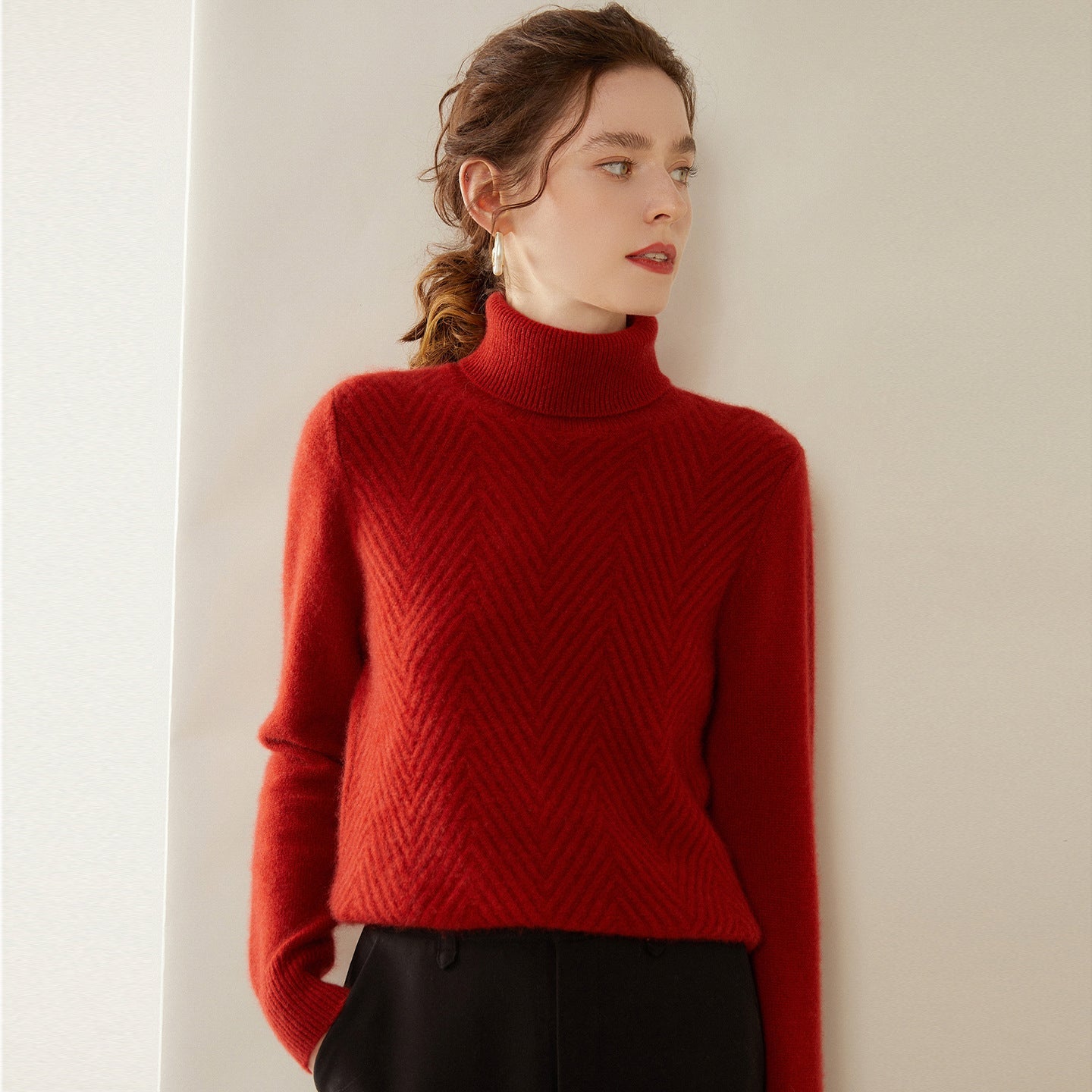 Womens Turtleneck Cashmere Sweater Chevron Knit Cashmere Pullover Claret XS