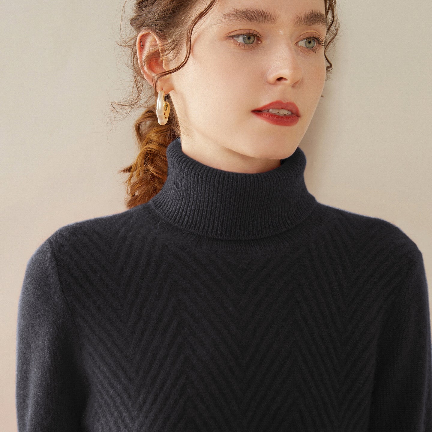 Womens Turtleneck Cashmere Sweater Chevron Knit Cashmere Pullover Black Gray XS