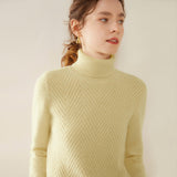 Womens Turtleneck Cashmere Sweater Chevron Knit Cashmere Pullover Soft Yellow XS