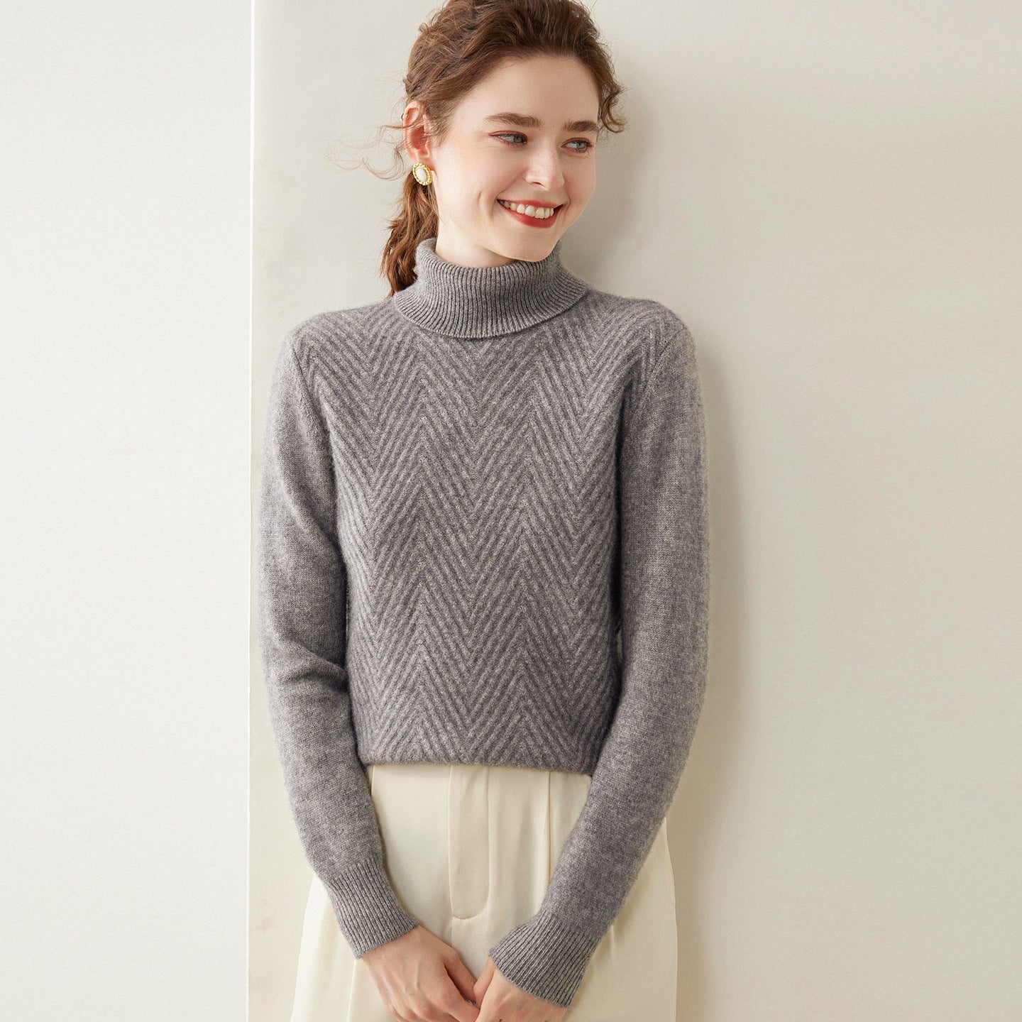 Womens Turtleneck Cashmere Sweater Chevron Knit Cashmere Pullover Gray XS