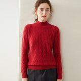 Womens Turtleneck Cashmere Sweater Textured Cashmere Knit Pullover Multi Colors Claret XS
