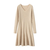 Womens V Neck Ribbed Cashmere Sweater Dress A Line Cashmere Knit Dress