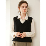 Womens V Neck Ribbed Cashmere Sweater Vest Textured Cashmere Knit Pullover Black XS