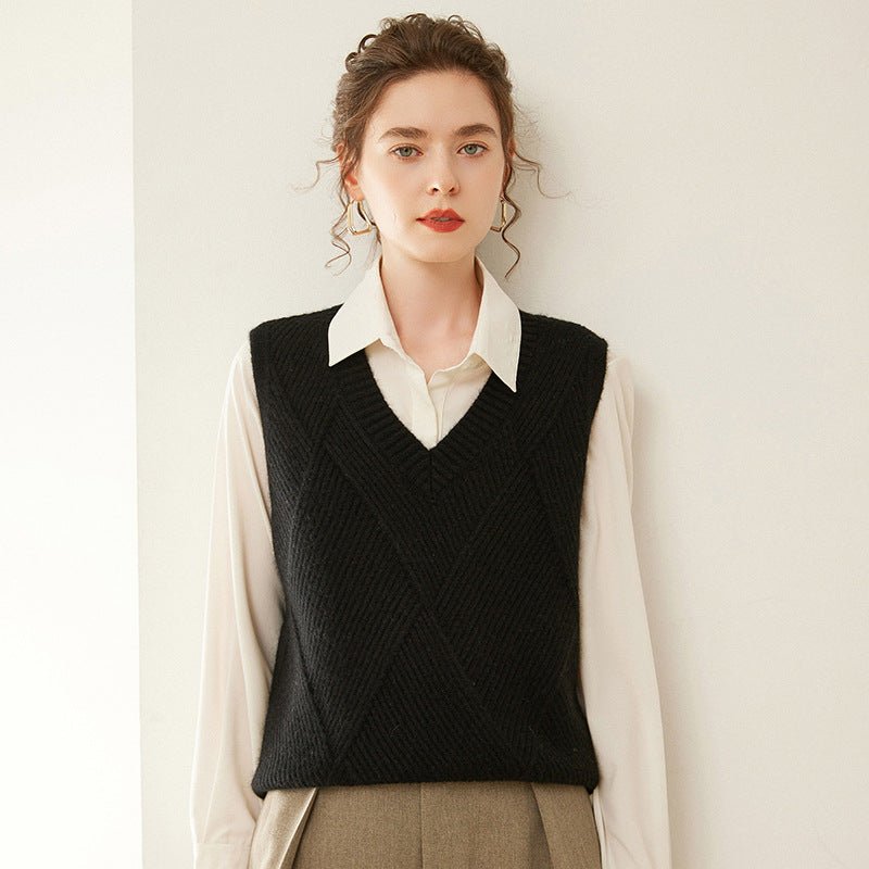 Womens V Neck Ribbed Cashmere Sweater Vest Textured Cashmere Knit Pullover Black XS