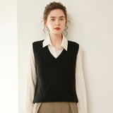 Womens V Neck Ribbed Cashmere Sweater Vest Textured Cashmere Knit Pullover Black XS