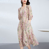 Womens V Neck Silk Floral Dress Half Sleeve Silk Midi Dress