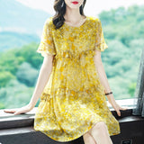 Womens Yellow Ruffled Silk Dress Watercolor Floral Short Silk Dress