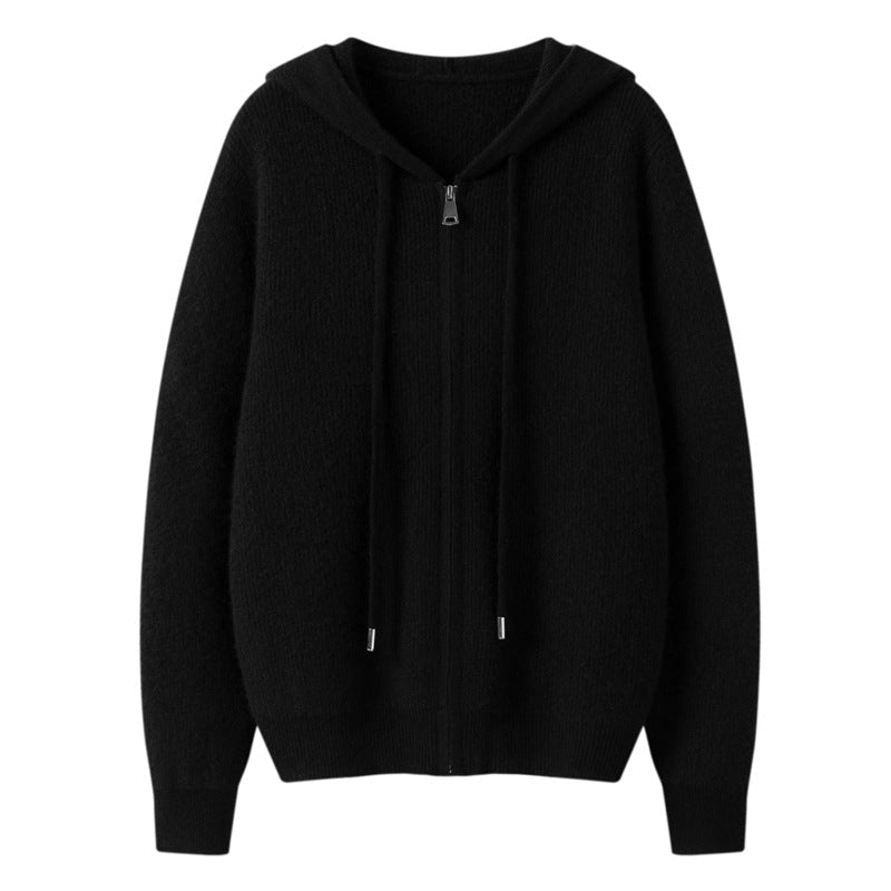 Womens Zip-Up Cashmere Hoodie Long Sleeve Cashmere Knitted Hooded Cardigan Black XS