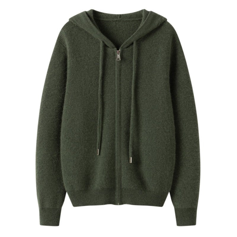 Womens Zip-Up Cashmere Hoodie Long Sleeve Cashmere Knitted Hooded Cardigan Green XS