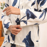 Women's Silk Pajamas Set Floral Print Button-Up Silk Sleepwear