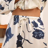 Women's Silk Pajamas Set Floral Print Button-Up Silk Sleepwear